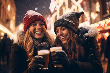 Two female friends having wonderful time on traditional Christmas market on winter evening. Beautiful girls drinking hot beverages in Christmas town decorated with lights.