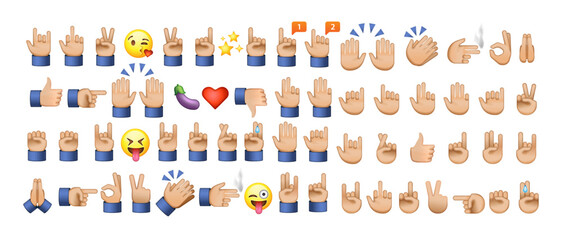 All hand emojis, stickers in all skin colors. Hand emoticons symbols set, collection. Hands, handshakes, muscle, finger, fist, direction, like, unlike, fingers