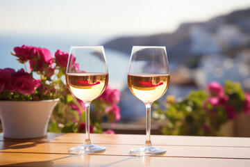 Two glasses of white wine in a restaurant overlooking beautiful mediterranean landscape. Drinking wine, sunny day in Italy.