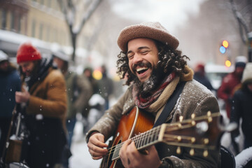 Cheerful street musicians performing in city park on snowy winter day. Performer playing a guitar....