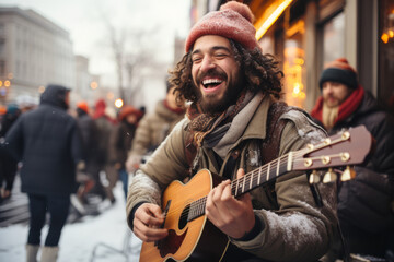 Fototapeta na wymiar Cheerful street musicians performing in city park on snowy winter day. Performer playing a guitar. People gathering in the background.