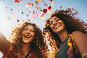 Obraz premium Beautiful young women having fun at colourful music festival. Happy girls enjoying themselves and dancing. Summer holiday, vacation concept.