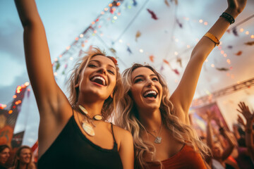Beautiful young women having fun at colourful music festival. Happy girls enjoying themselves and dancing. Summer holiday, vacation concept.
