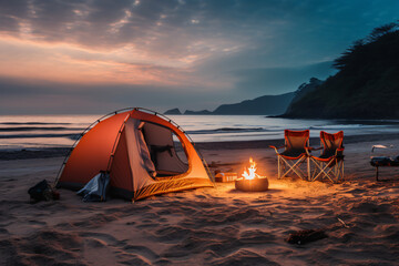 camping on the beach with a burning campfire equipped with camping equipment - obrazy, fototapety, plakaty