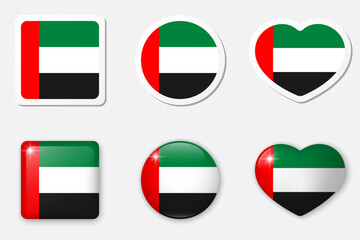 Flag of Emirates icons collection. Flat stickers and 3d realistic glass vector elements on white background with shadow underneath.