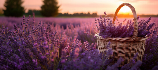 Wicker basket of freshly cut lavender flowers a field of lavender bushes. The concept of spa, aromatherapy, cosmetology.