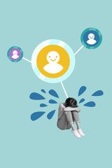 Painted sketch picture collage of sad woman hiding face bad emotions crying problem trouble isolated on blue color background