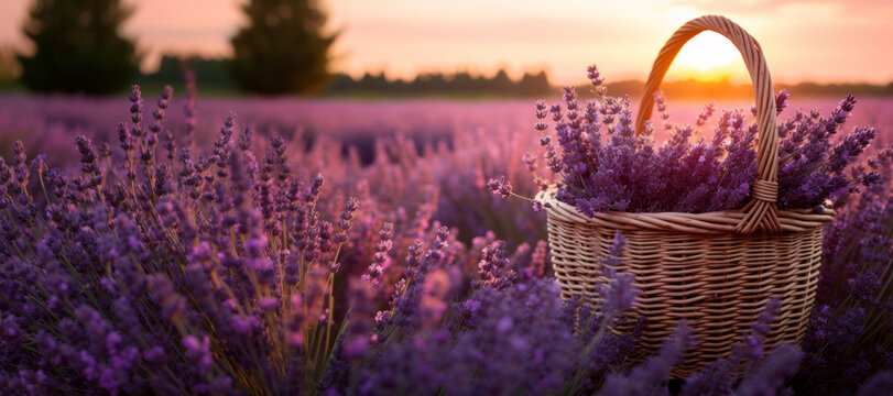Wicker basket of freshly cut lavender flowers a field of lavender bushes. The concept of spa, aromatherapy, cosmetology. © MNStudio