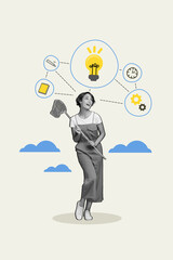 Collage sketch image of happy smiling girl have fun relax rest enjoy summer weekend isolated on drawing background