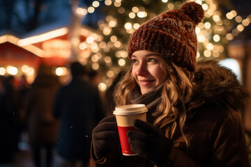 Beautiful girl having wonderful time on traditional Christmas market on winter evening. Young woman enjoying herself in Christmas town decorated with lights.