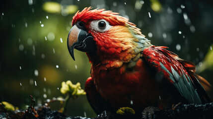 Red parrot in the rain. Macaw parrot flying in dark green vegetation. Scarlet Macaw, Ara macao, in tropical forest, Costa Rica, Wildlife scene from tropical nature. Red bird in the forest.