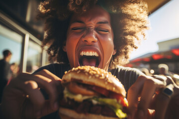 A man ready to bite some huge delicious burger in a restaurant. Unhealthy food.