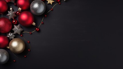 Christmas ornaments isolated on dark gray background with space for copy text