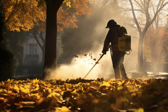 Cleaning falling leaves on a city street in the autumn dry time. Using leaf blower for cleaning of the road in the park.