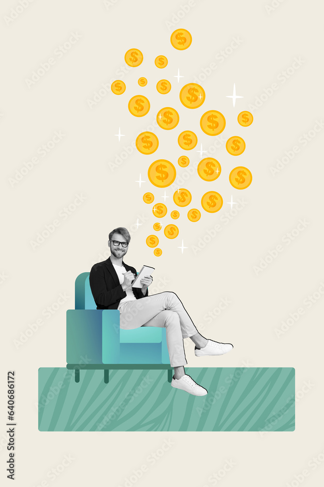 Aufkleber vertical drawing image sketch collage of smiling handsome elegant man writing project startup earn m
