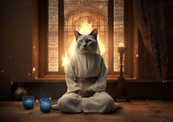 a cat sitting in front of a fireplace, in the style of reimagined religious art