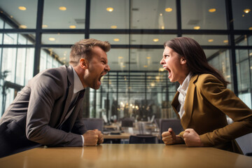 Two angry office workers arguing and threatening each other. Anger management concept. - obrazy, fototapety, plakaty