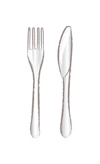 One fork and knife in simple cartoon illustration
