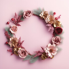 Fototapeta na wymiar This sparkling wreath of colorful flowers and leaves is the perfect accessory for the start of a new year in 2024, bringing joy and fashion to any celebration, text copy space