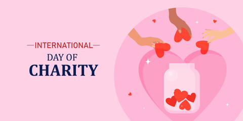 International Day of Charity.
People will donate to charity. Vector banner.