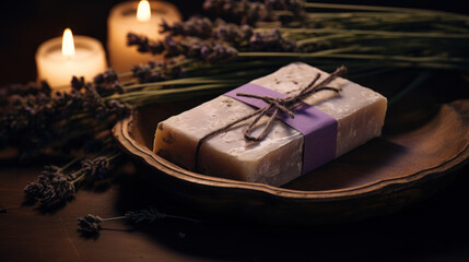 Fototapeta na wymiar Handmade soap with lavender in waxed paper.