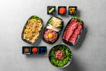 Korean food dish Beef tartare, beef sashimi, meat pancake, beef tartare bibimbap, Korean beef