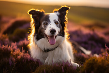 A Smiling Border Collie Dog Sitting Amongst Heather lavender