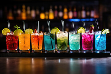 Alcohol Cocktails In Different Colors On The Bar