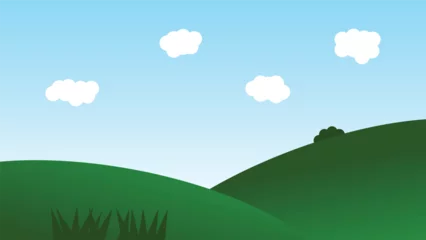 Poster Im Rahmen landscape cartoon scene with green hills and white cloud in summer blue sky background © piggu