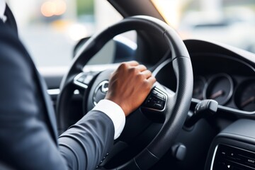 African American male driver's hands on wheel driving high speed movement sitting inside car. Man hold steering wheel over shoulder view transport transportation tourism trip cab taxi businessman work