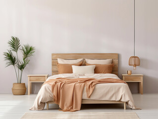 Minimalist beige boho bedroom with empty whate wall for mockups. Wooden double bed with pillows, cozy furniture. Room interior with copyspace. - obrazy, fototapety, plakaty
