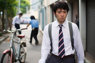 Unhappy young asian japanese stylish businessman male man student costume cycling transport going office work school university by bike bicycle morning city road. Crime accident fight scene arguing