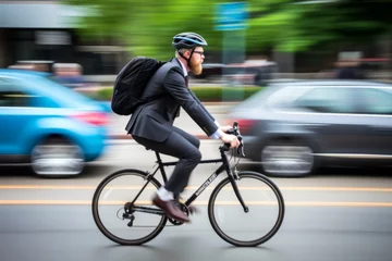 Foto op Canvas Successful hipster middle age caucasian stylish businessman bearded male man costume going office work by bike riding bicycle morning city road. Healthy ecology lifestyle cycling transport bicyclist © Yuliia