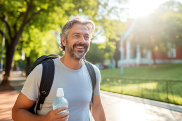 Happy Mature Man Wearing Headphones With Water Bottle
