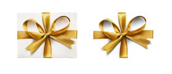 Looking down onto a wrapped Christmas present with a gold, golden bow made from ribbon isolated against a transparent background with spare ribbon to the right.