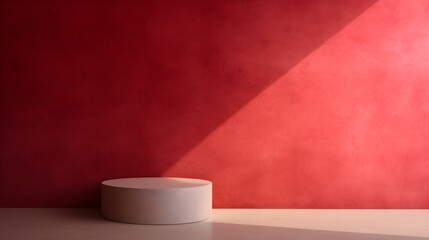 Obraz premium Empty Room in dark red Colors with Shadows on the Wall. Minimal Podium for Product Presentation. 