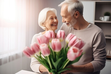 Loving Senior Husband Giving Bouquet Of Fresh Pink tulips