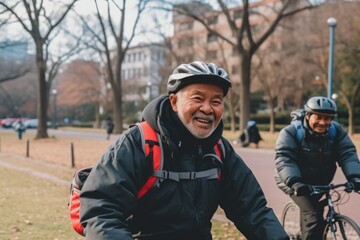Portrait cheerful happy smiling senior elderly japanese man men enjoying riding travelling work bicycle morning park road. Healthy fit ecology lifestyle cycling transport bicyclist active senility
