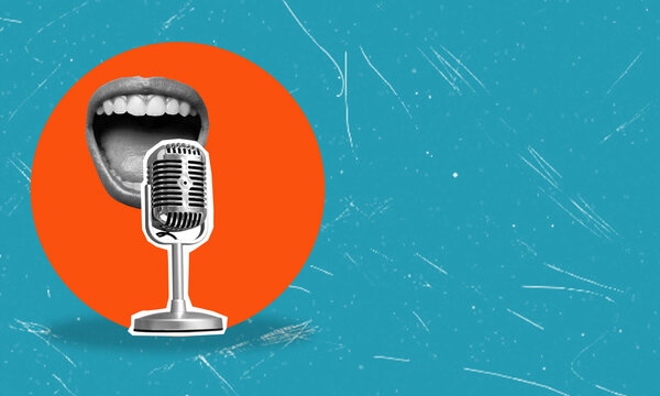 Expressive female singing into the microphone. Concert performance. Talent show. Contemporary art collage.