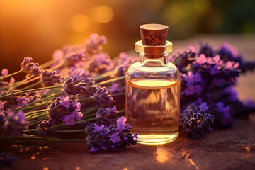 Obraz na płótnie Canvas Vial with lavender oil on a natural background