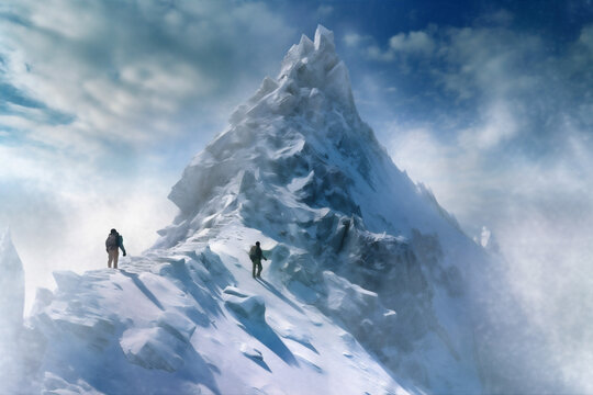 nature sport adventure snow group blizzard hiking winter mountain landscape. Generative AI.