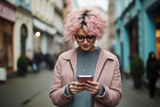 Woman With Pixie Pink Hair Using Smartphone