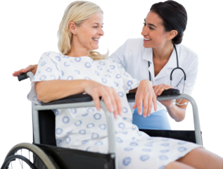 Digital png photo of caucasian female doctor with patient in wheelchair on transparent background