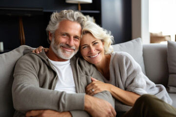 Fototapeta na wymiar Romantic Happy Middle Aged Couple Relaxing On Couch
