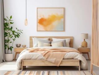Modern bedroom interior in neutral tones. Wooden double bed with pillows. Cozy furniture and abstract orange wall art on a white wall.
