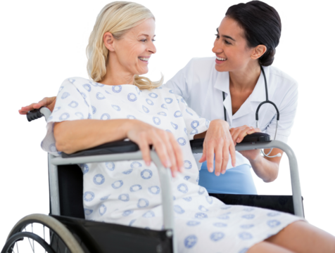 Digital png photo of caucasian female doctor with patient in wheelchair on transparent background - Powered by Adobe
