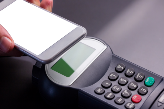 Digital png illustration of hand paying using smartphone on transparent background