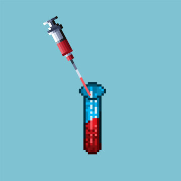 Pixel art of syringe and test tub  for medicine health items. red syringe on pixelated style.8bits perfect for game asset or design asset element for your game design asset.