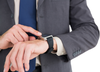 Digital png photo of caucasian businessman with smartwatch on transparent background