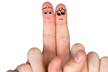 Digital png illustration of fingers with sad characters on transparent background